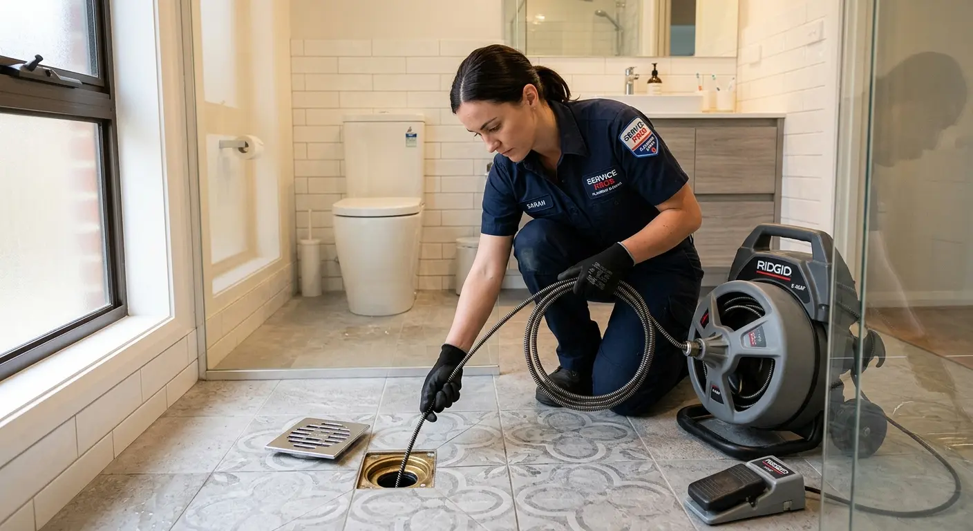 Technician clearing a bathroom floor drain for Sewer Line Replacement in Wailua Homesteads